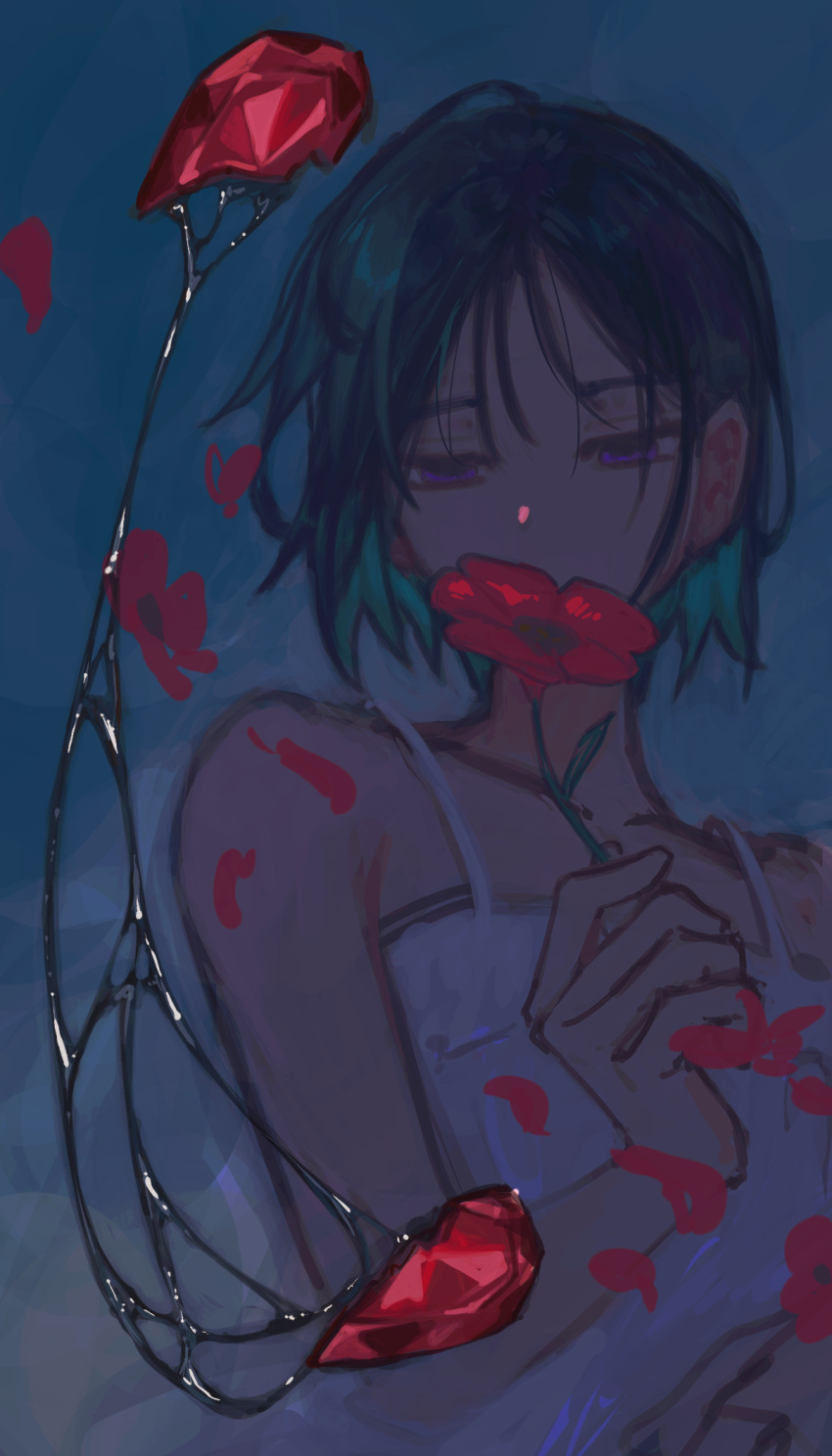 1girl, alien_stage, black_hair, blue_background, bob_cut, broken_heart, commentary, covered_mouth