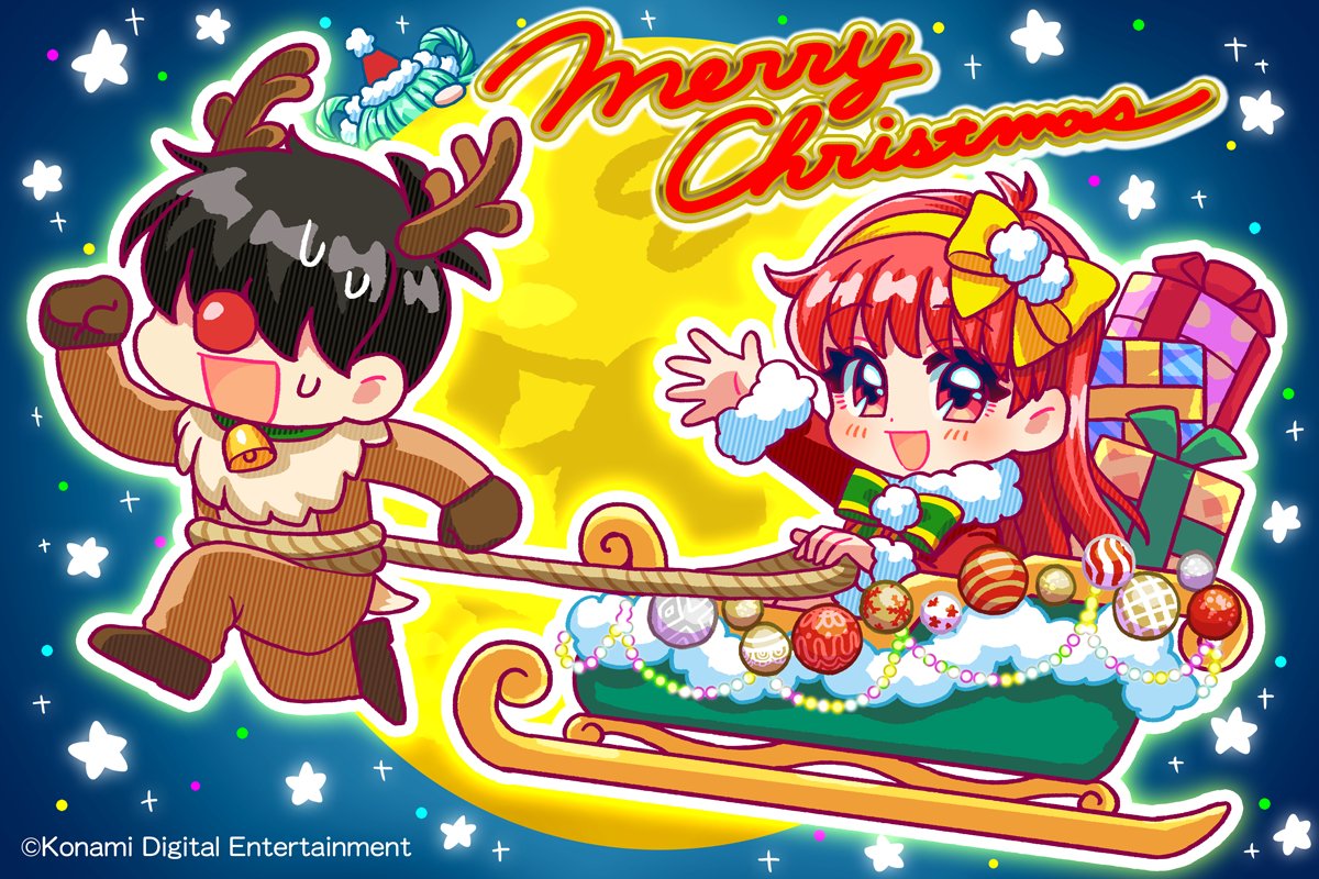 1boy, 2girls, animal_costume, antenna_hair, antlers, artist_request, bell, black_hair, blush, bodysuit, bow, bowtie, box, brown_bodysuit, brown_gloves, christmas, christmas_lights, christmas_ornaments, clenched_hands, collar, commentary_request, company_name, deer_tail, english_text, eyelashes, fake_nose, fujisaki_shiori, full_moon, gift, gift_box, gloves, green_bow, green_bowtie, green_collar, green_hair, hair_ornament, hair_rings, hairband, half_updo, hat, horns, jacket, konami, long_hair, long_sleeves, looking_at_viewer, merry_christmas, moon, multiple_girls, neck_bell, official_art, open_hand, open_mouth, outline, pom_pom_(clothes), pom_pom_hair_ornament, puffy-trimmed_hat, puffy-trimmed_jacket, puffy_sleeve_cuffs, red_eyes, red_hair, red_hat, red_jacket, red_nose, red_sleeves, reindeer_antlers, reindeer_costume, rope, running, santa_hat, second-party_source, shield, short_hair, sky, star_(sky), star_(symbol), starry_sky, sweatdrop, tail, takami_naoto, tatebayashi_miharu, tokimeki_memorial, tokimeki_memorial_1, tongue, waving, white_outline, white_sleeve_cuffs, yellow_bow, yellow_hairband, yellow_moon, yellow_trim