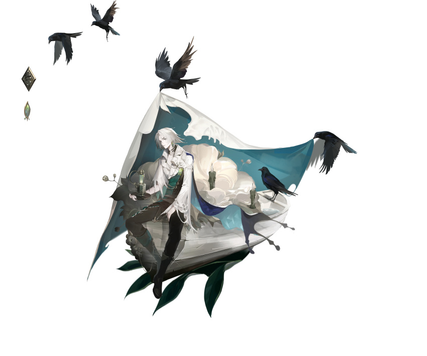 1boy, absurdres, aqua_cape, aqua_veil, asymmetrical_sleeves, bell_sleeves, bird, black_boots