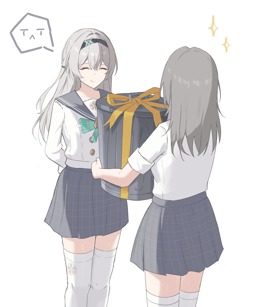 2girls, absurdres, alternate_costume, arms_behind_back, black_hairband, bow, bowtie, closed_eyes