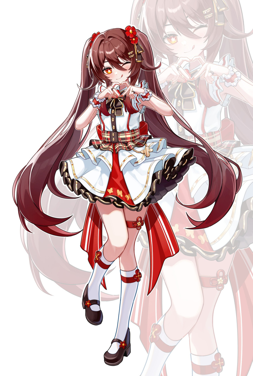1girl, :q, absurdres, alternate_costume, blush, brown_hair, brown_shoes, closed_mouth