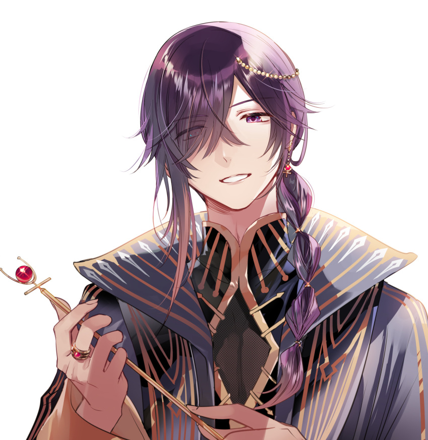 1boy, asymmetrical_sidelocks, beads, black_cloak, black_robe, braid, cleavage_cutout, cloak