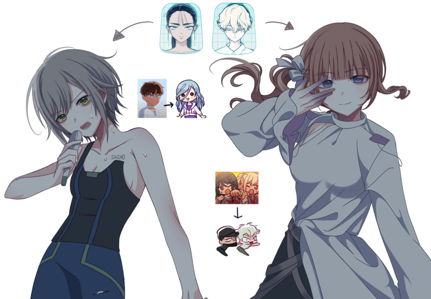 4boys, 6+girls, alien_stage, arrow_(symbol), black_tank_top, blue_pants, bow, brown_hair