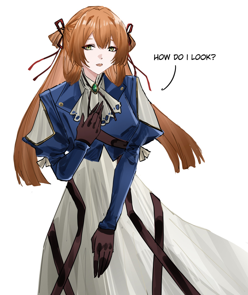 1girl, absurdres, ascot, blue_jacket, brown_gloves, brown_hair, commentary, cosplay