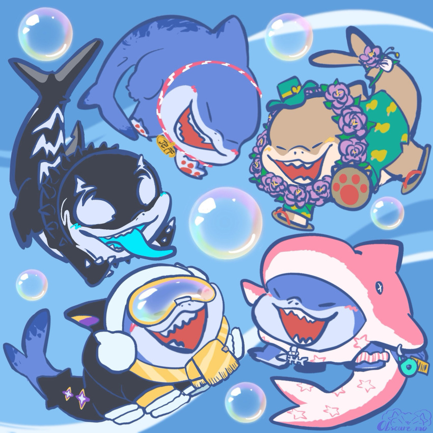 1boy, artist_logo, artist_name, bubble, character_name, english_commentary, fangs, fins
