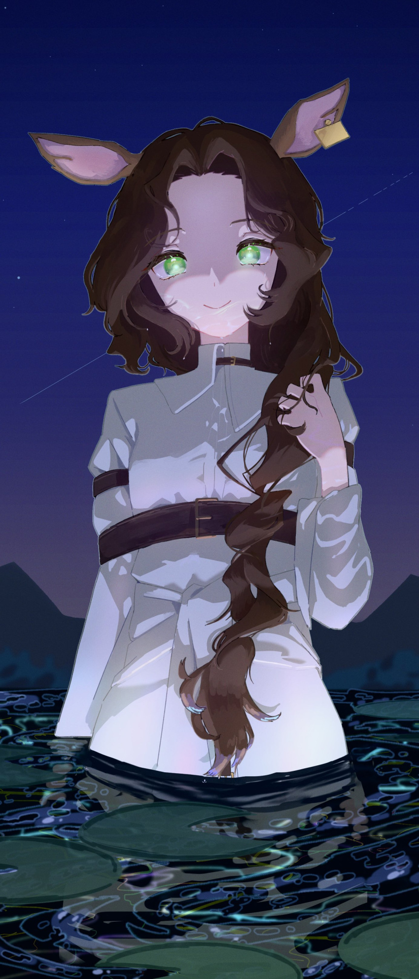 1girl, absurdres, animal_ears, belt, brown_belt, brown_hair, closed_mouth, deer_ears