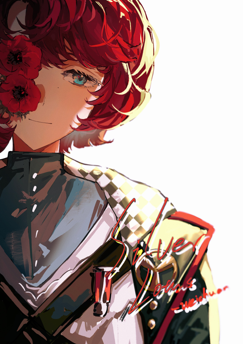 1girl, absurdres, around_the_stream, blue_eyes, blue_shirt, coat, coat_on_shoulders, flower