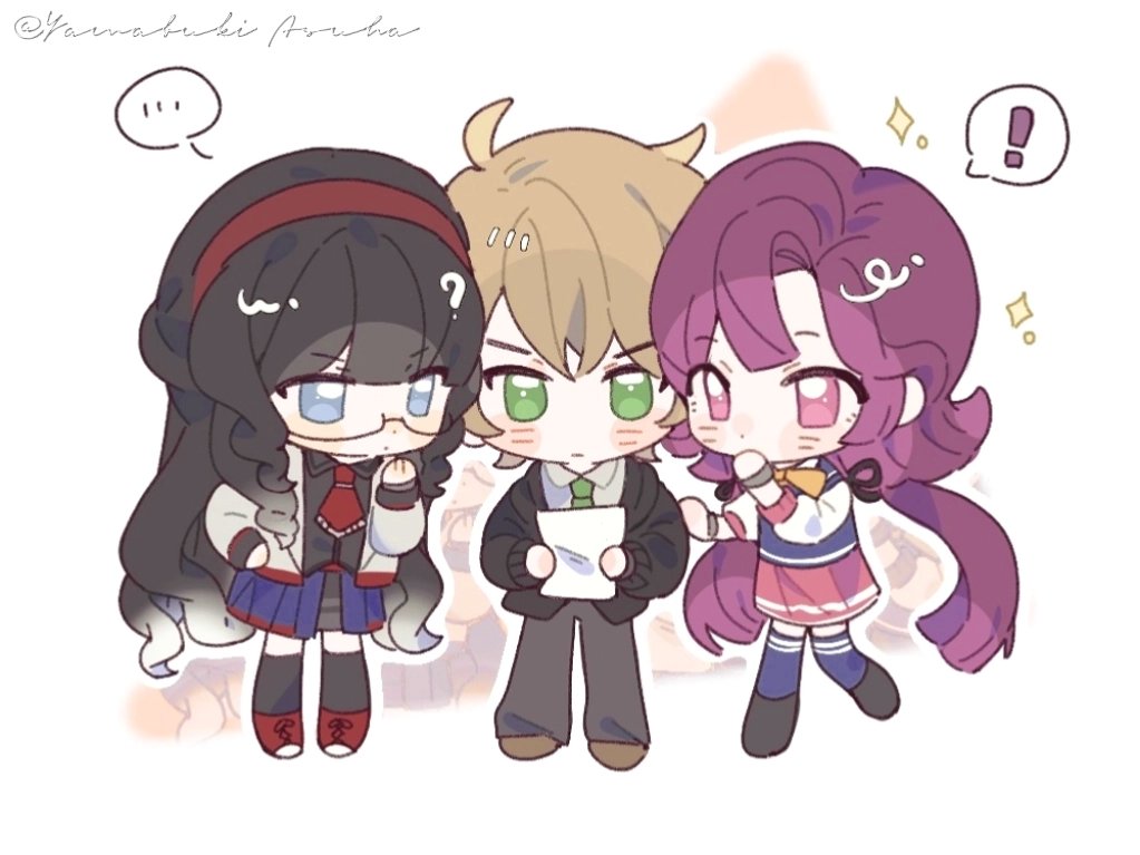 1boy, 3girls, ahoge, black_boots, black_hair, black_shirt, blue_eyes, blue_skirt