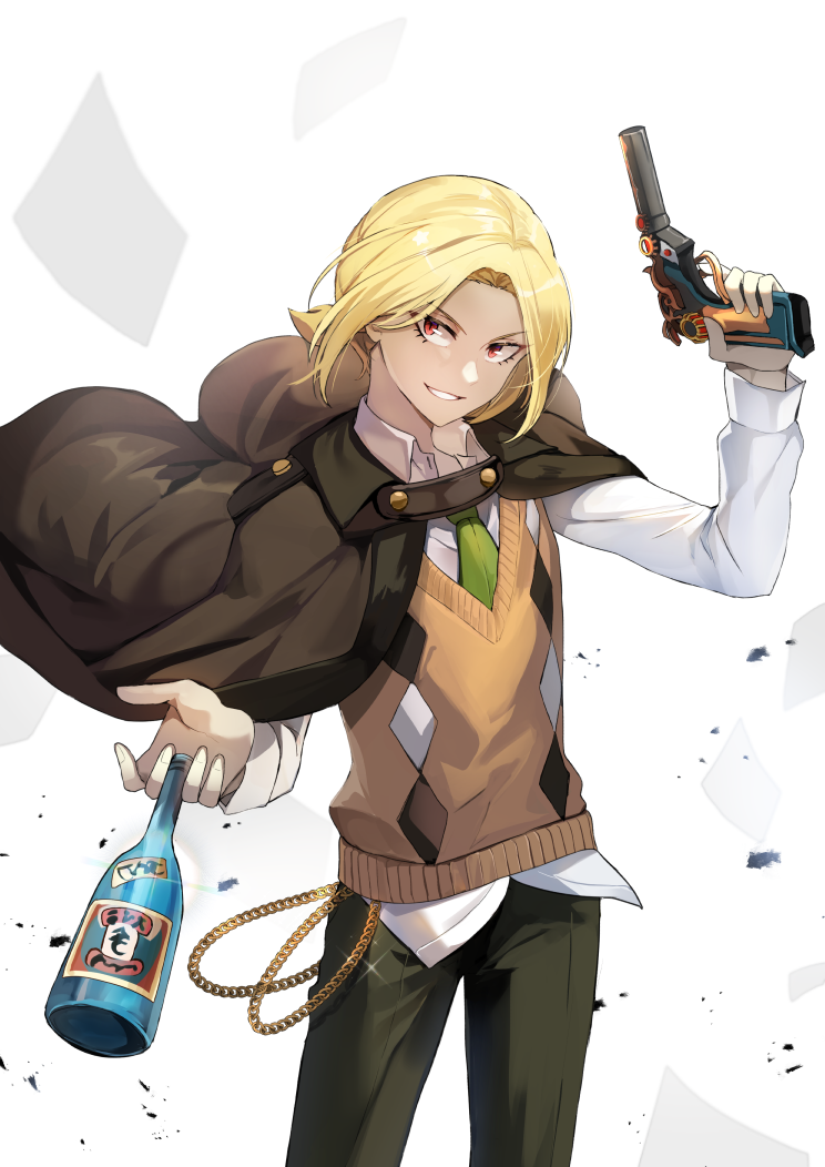 1boy, argyle_clothes, argyle_sweater_vest, between_fingers, blonde_hair, bottle, brown_jacket, bungou_to_alchemist