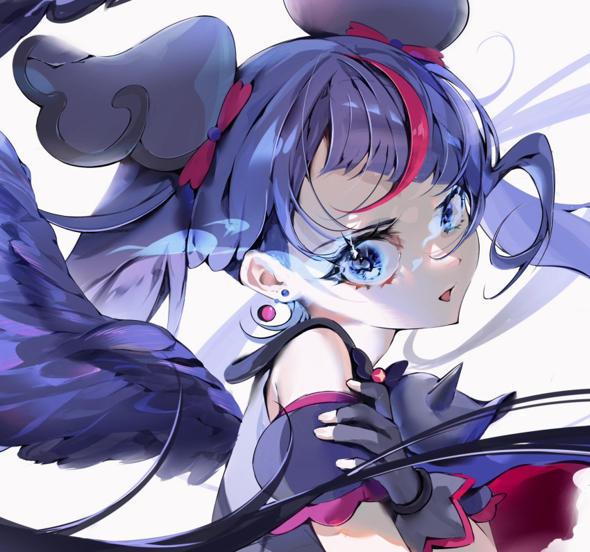 1girl, asymmetrical_bangs, black_gloves, blue_eyes, blue_hair, cure_sky, cure_sky_(dark), detached_sleeves