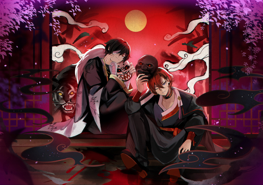 2boys, alternate_costume, bamboo, bandage_over_one_eye, bandaged_arm, bandages, black_boots, black_cape, black_choker, black_hair, black_kimono, black_pants, black_robe, black_tiger_(animal), blue_eyes, boots, brown_eyes, bungou_stray_dogs, cape, choker, closed_mouth, collarbone, colored_shoe_soles, commentary, dated_commentary, dazai_osamu_(bungou_stray_dogs), flower, full_body, full_moon, fur-trimmed_cape, fur_trim, hair_between_eyes, hanbok, hand_up, head_on_hand, head_rest, holding, holding_mask, indoors, japanese_clothes, kimono, knees_up, korean_clothes, long_sleeves, looking_at_viewer, looking_to_the_side, male_focus, mask, moon, multiple_boys, myagarin, nakahara_chuuya_(bungou_stray_dogs), one_eye_closed, one_eye_covered, orange_hair, pants, parted_lips, purple_flower, red_sash, red_sky, robe, sash, short_hair, shouji, side_cape, sitting, sky, sliding_doors, smile, smoke, spread_legs, tiger, v-shaped_eyebrows, white_cape