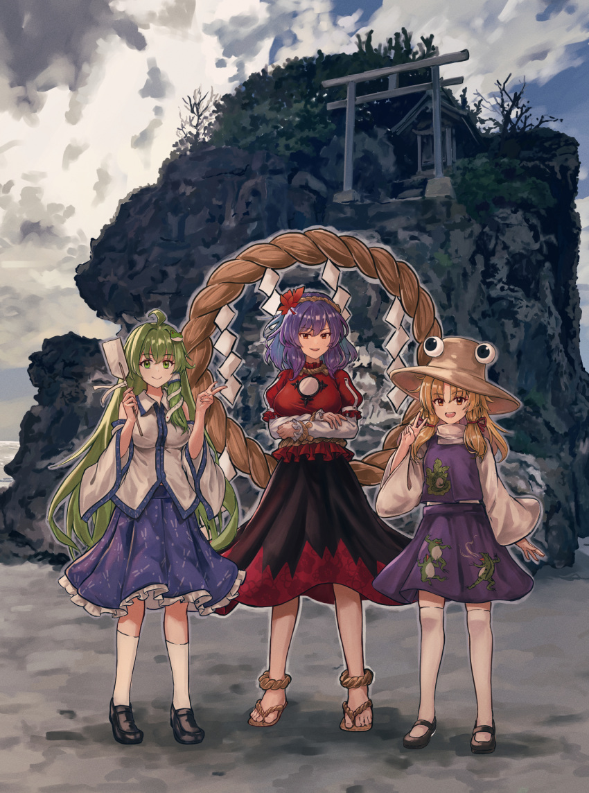1girl, 3girls, :d, ahoge, animal_print, arms_under_breasts, bare_shoulders, black_shoes