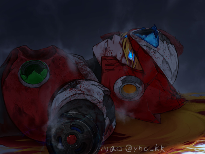 1boy, absurdres, amputee, android, armor, battle_damage, blonde_hair, blue_eyes, broken_armor, broken_helmet, chest_jewel, forehead_jewel, helmet, highres, long_hair, lying, male_focus, mega_man_(series), mega_man_x_(series), nao_(gatita), on_back, red_helmet, solo, zero_(mega_man)