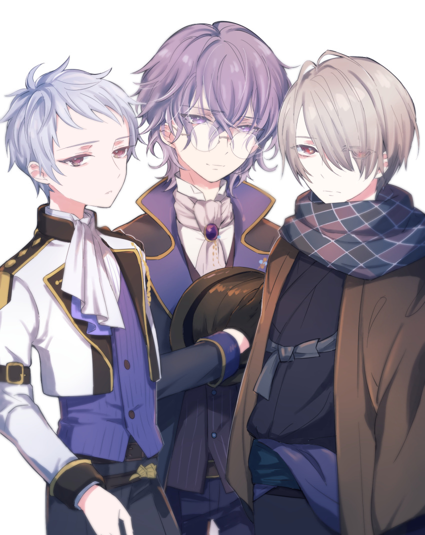 3boys, aqua_scarf, argyle_clothes, argyle_scarf, arishima_takeo_(bungou_to_alchemist), ascot, black_dress, black_gloves, black_hat, black_kimono, black_pants, black_vest, brooch, brown_jacket, bungou_to_alchemist, closed_mouth, colored_lapels, cowboy_shot, cropped_jacket, dress, expressionless, eyes_visible_through_hair, frown, glasses, gloves, grey_hair, hair_between_eyes, hair_over_one_eye, haori, hat, highres, holding, holding_unworn_clothes, holding_unworn_hat, jacket, japanese_clothes, jewelry, kawabata_yasunari_(bungou_to_alchemist), kimono, kume_masao_(bungou_to_alchemist), lapels, light_smile, long_sleeves, male_focus, multiple_boys, notched_lapels, open_clothes, open_jacket, pants, parted_lips, pink_ascot, pinstripe_pattern, pinstripe_vest, purple_hair, purple_sash, purple_vest, red_eyes, red_scarf, round_eyewear, sash, scarf, short_bangs, simple_background, sleeve_cuffs, sleeve_garter, tuxedo_shirt, unworn_hat, unworn_headwear, vest, violet_eyes, wazuka_(wzzc), white_ascot, white_background, white_hair, white_jacket
