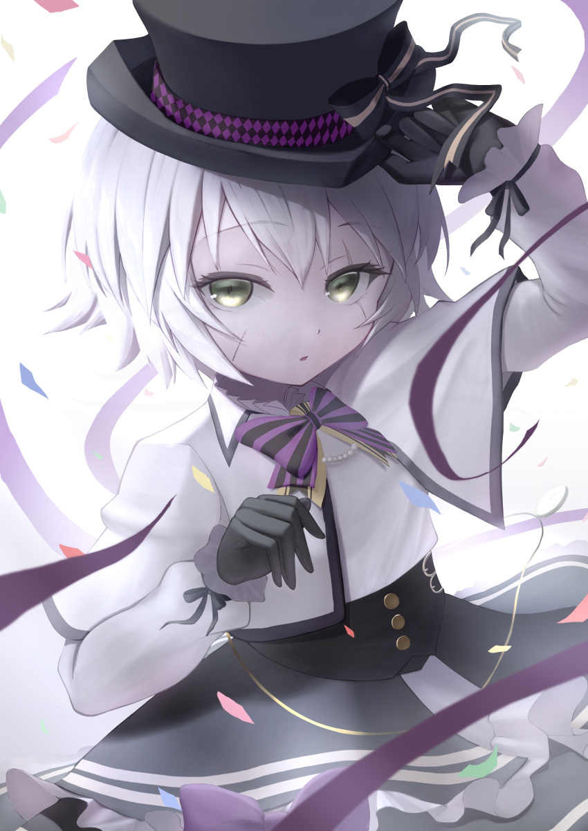1girl, absurdres, anata6350, black_gloves, black_hat, black_skirt, bow, bowtie, breasts, fate/grand_order, fate_(series), gloves, green_eyes, hair_between_eyes, hat, highres, jack_the_ripper_(fate/apocrypha), jack_the_ripper_(fgo_fes._2025)_(fate), long_sleeves, looking_at_viewer, open_mouth, scar, scar_across_eye, scar_on_cheek, scar_on_face, shirt, short_hair, shoulder_tattoo, skirt, small_breasts, solo, tattoo, top_hat, white_hair, white_shirt