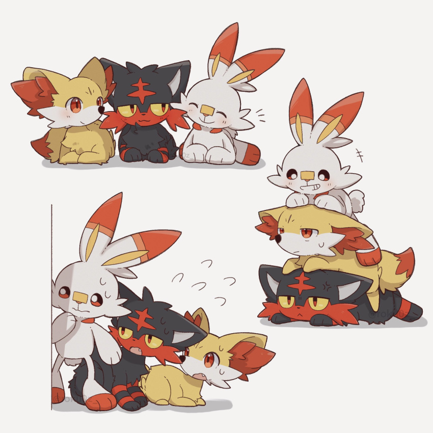 +++, closed_eyes, closed_mouth, colored_sclera, commentary, fang, fennekin, flying_sweatdrops