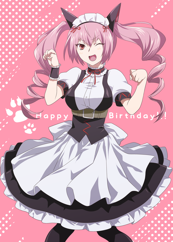 1girl, ;d, akiha_rumiho, animal_ears, apron, belt_around_waist, blush, breasts