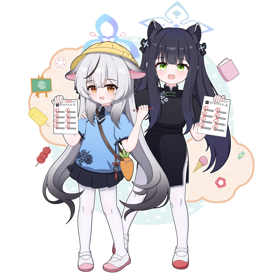 2girls, absurdres, academic_test, animal_ear_fluff, animal_ears, bag, black_dress, black_hair, black_skirt, blue_archive, blue_halo, blue_skirt, book, candy, carrot_bag, chalkboard, china_dress, chinese_clothes, dot_nose, dress, flower, food, green_eyes, grey_hair, halo, highres, holding, holding_paper, holding_pencil, ice_cream, kokona_(blue_archive), long_hair, looking_at_viewer, multicolored_shoes, multiple_girls, open_mouth, orange_eyes, paper, pencil, popsicle, shoulder_bag, shun_(blue_archive), shun_(small)_(blue_archive), skirt, tanghulu, thigh-highs, tonghua_sakana, twintails, very_long_hair, white_background, white_thighhighs