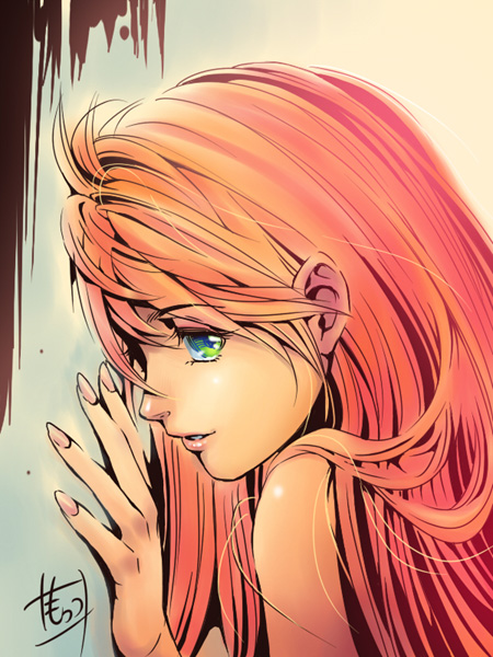 close-up, face, green_eyes, hands, lips, long_hair, mots, orange_hair