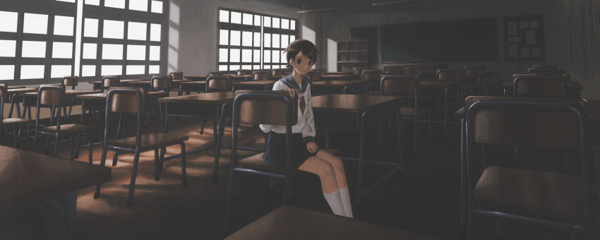 1girl, absurdres, black_hair, blue_sailor_collar, chair, chalkboard, classroom, desk, film_grain, fuura_kafuka, hair_ornament, highres, indoors, minami02573255, neckerchief, sailor_collar, sayonara_zetsubou_sensei, school_chair, school_desk, school_uniform, serafuku, shirt, short_hair, sitting, skirt, smile, socks, solo, white_shirt, wide_shot, window, x_hair_ornament