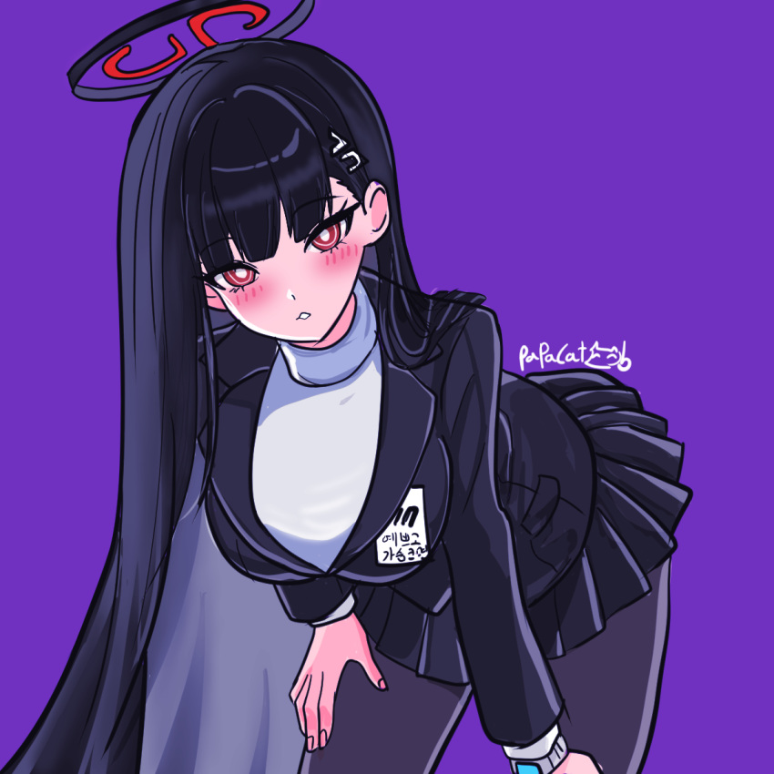 1girl, black_hair, black_jacket, black_skirt, blazer, blue_archive, breasts, commentary, english_commentary, hair_ornament, hairclip, halo, highres, jacket, large_breasts, long_hair, papacat, pleated_skirt, purple_background, red_eyes, ringed_eyes, rio_(blue_archive), simple_background, skirt, solo, sweater, turtleneck, turtleneck_sweater, very_long_hair, watch, watch, white_sweater