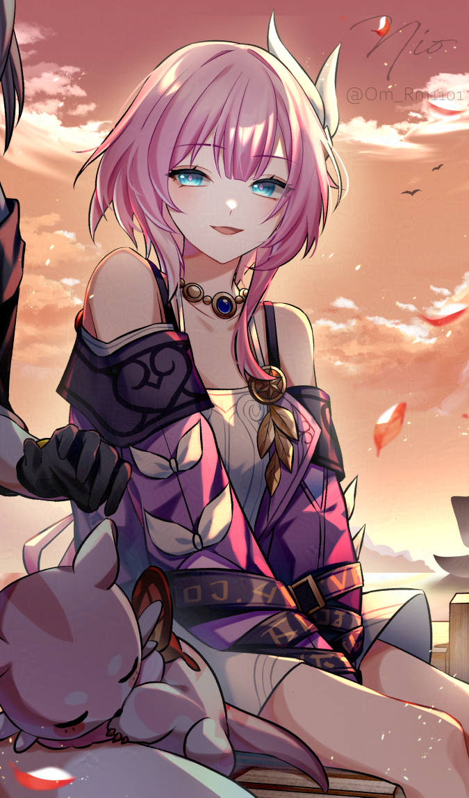 1girl, animal_on_lap, autumn_leaves, bare_shoulders, blue_eyes, breasts, chimera_(honkai:_star_rail), coat