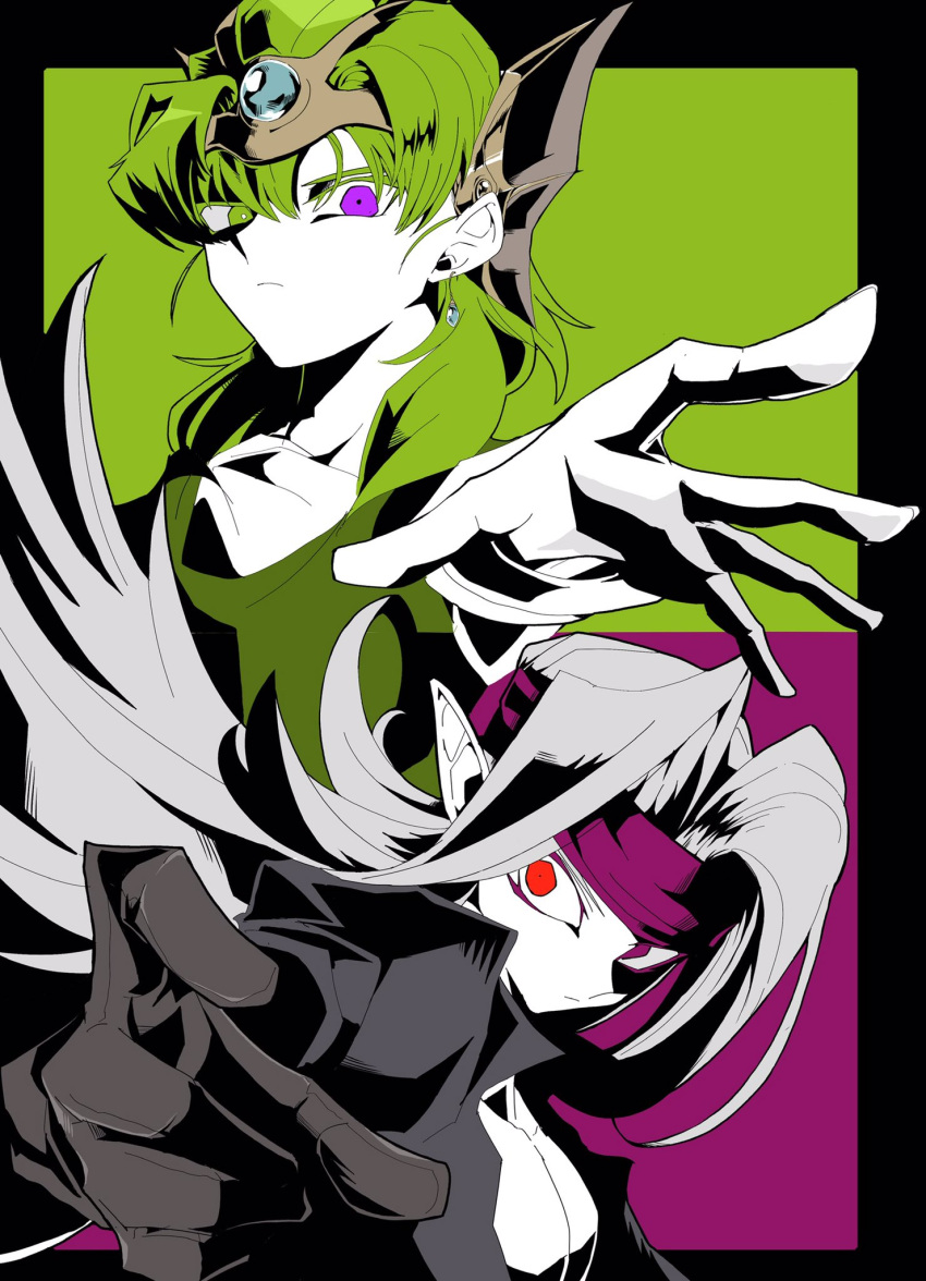 2boys, aqua_gemstone, black_border, black_shirt, border, commentary_request, dasaku1028, demon_boy