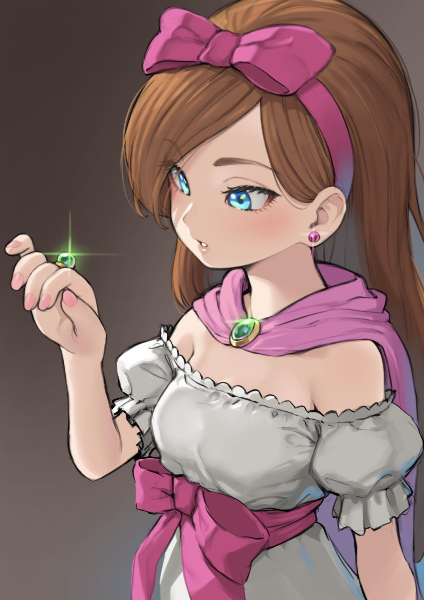 1girl, blue_eyes, bow, bow_hairband, breasts, brown_background, cape, commentary