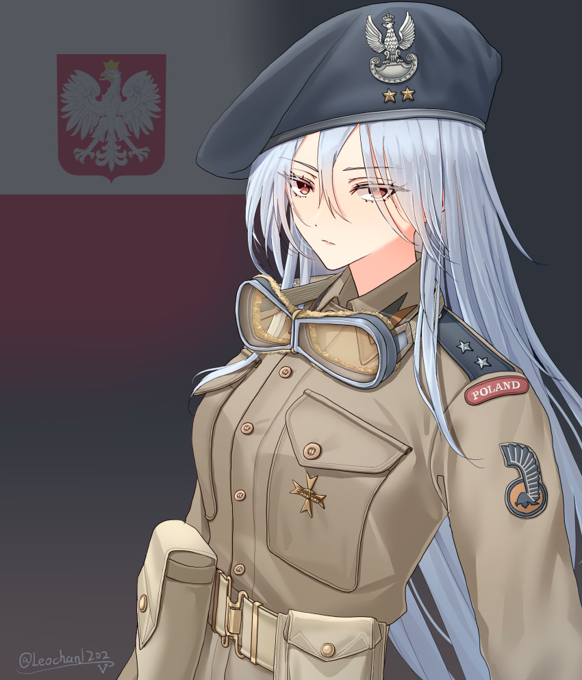 1girl, absurdres, ammunition_pouch, artist_name, belt, beret, black_hat, breast_pocket
