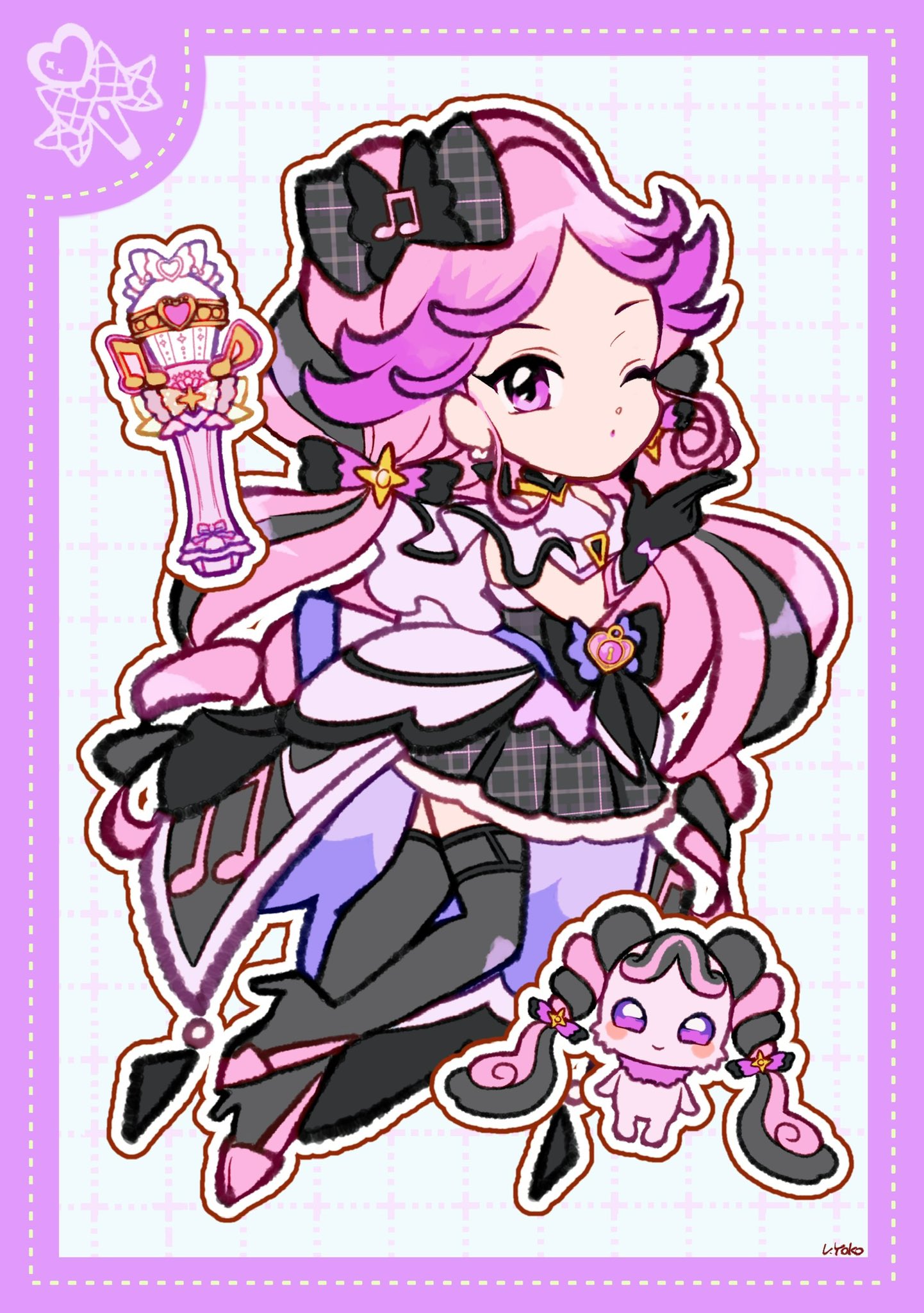 1girl, ;o, back_bow, belt, black_belt, black_bow, black_dress, black_gloves, black_hair, black_thighhighs, border, bow, collared_dress, colored_tips, cure_kiss, deformed, dotted_line, dress, dual_persona, eyelashes, finger_gun, frilled_dress, frills, full_body, gloves, grey_background, grid_background, hair_bow, hair_ornament, high_heels, highres, kimi_to_idol_precure, layered_dress, long_dress, long_hair, looking_at_viewer, magical_girl, meroron_(fairy)_(precure), meroron_(precure), multicolored_hair, musical_note, musical_note_hair_ornament, musical_note_print, one_eye_closed, outline, parted_lips, pink_bow, pink_eyes, pink_hair, pink_shoes, plaid_bow, plaid_clothes, plaid_dress, pleated_dress, pleated_sleeves, precure, purple_border, purple_bow, purple_dress, purple_hair, shoes, short_dress, short_sleeves, signature, single_bare_shoulder, single_sleeve, streaked_hair, thigh-highs, thigh_belt, thigh_strap, uwded_207, very_long_hair, wand, white_outline, wrist_bow
