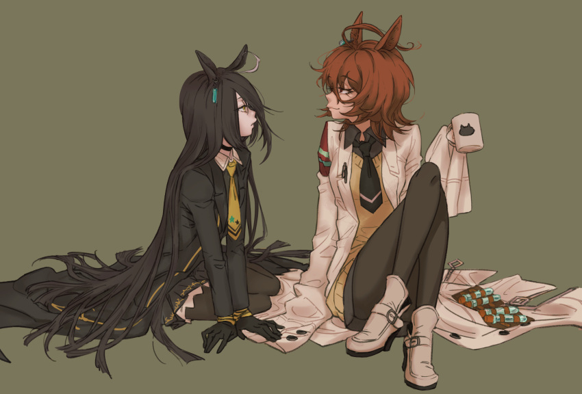 2girls, agnes_tachyon_(umamusume), ahoge, animal_print, black_choker, black_coat, black_gloves, black_hair