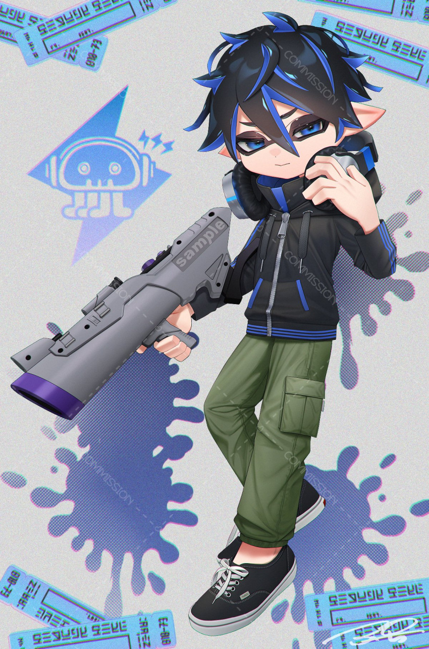 1boy, black_hair, black_jacket, black_shoes, blue_eyes, blue_hair, closed_mouth, commentary