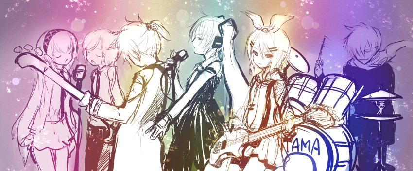 2boys, 4girls, artist_request, closed_eyes, dress, drum, drumsticks, group