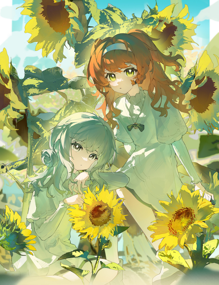 2girls, aged_down, black_bow, black_bowtie, blue_sky, boots, bow, bowtie
