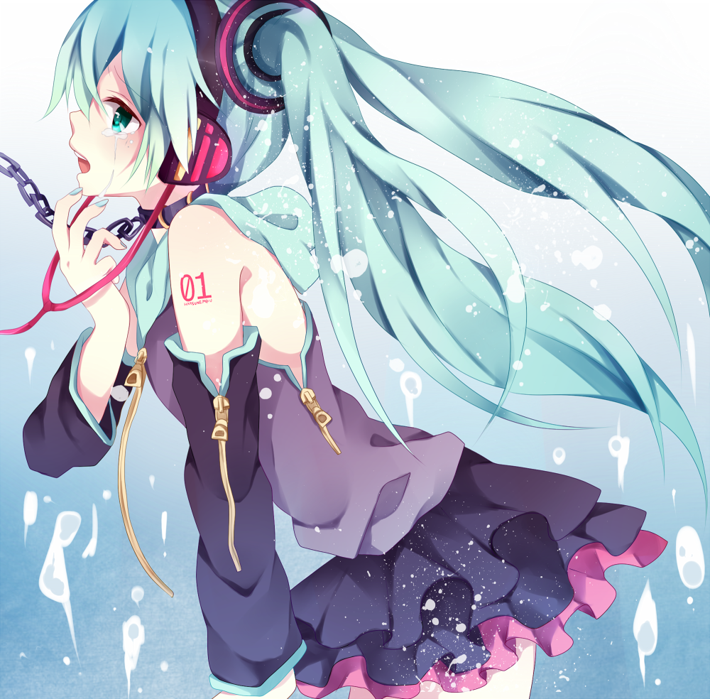 aqua_eyes, chain, chains, detached_sleeves, hatsune_miku, headphones, kouko, leash