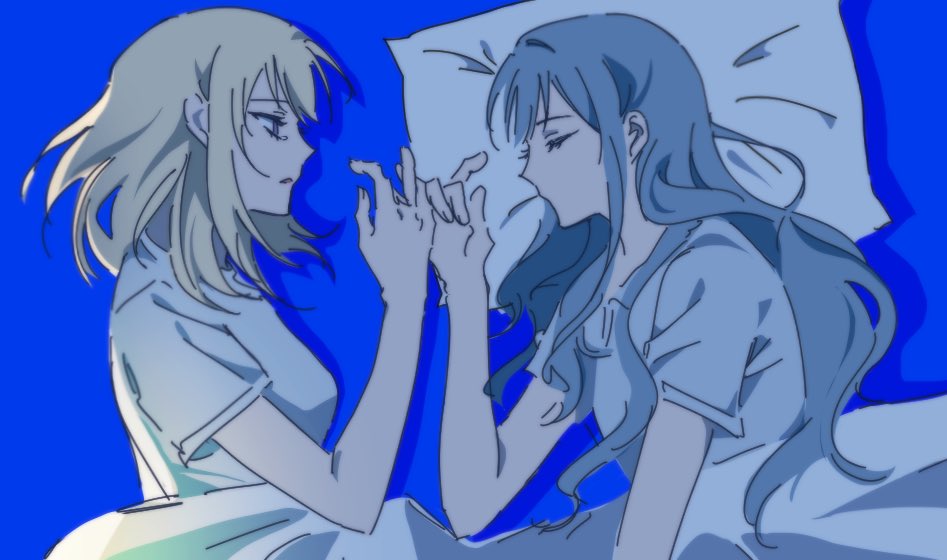 2girls, bang_dream!, bang_dream!_it's_mygo!!!!!, blonde_hair, blue_background, blue_hair, closed_eyes, from_above