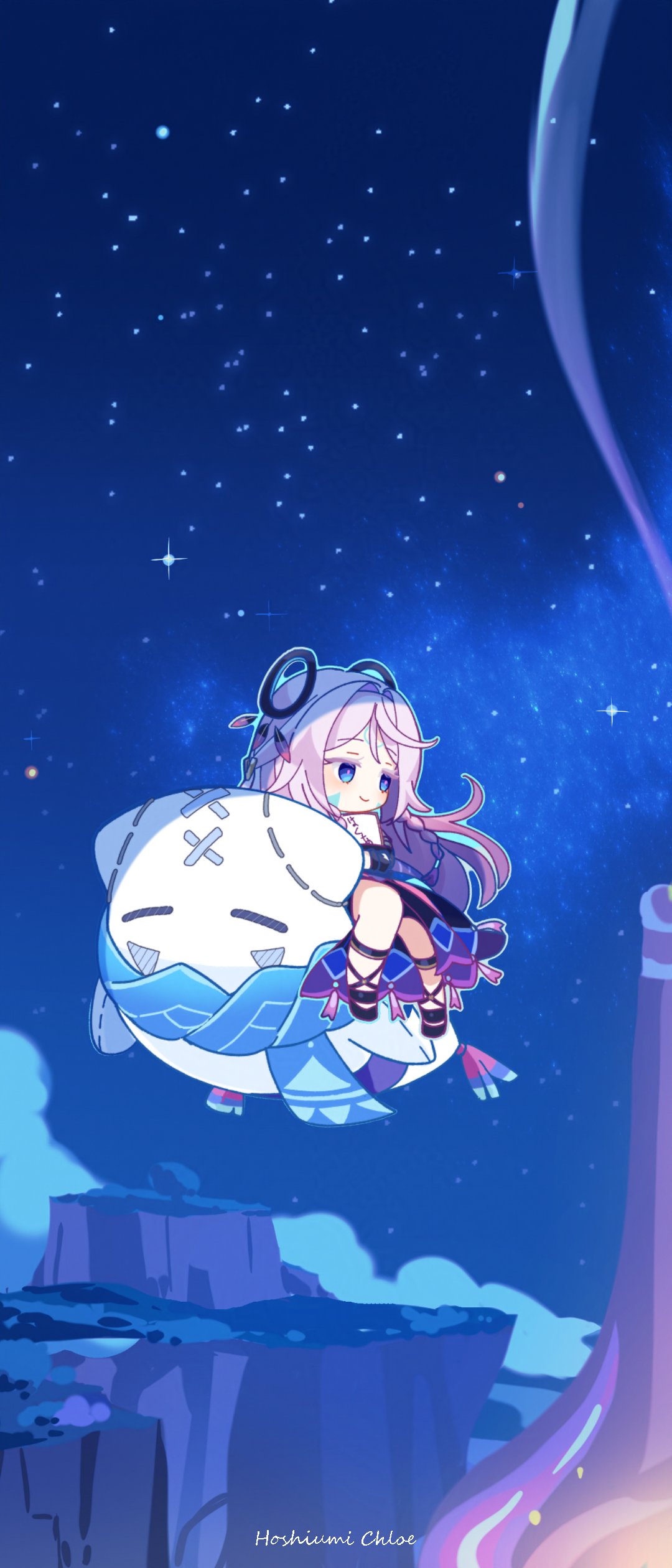 1girl, absurdres, artist_name, blue_eyes, blue_scarf, braid, chibi, chibi_only, citlali_(genshin_impact), citlalin_(genshin_impact), commentary_request, facial_mark, floating_headgear, genshin_impact, hair_intakes, headgear, highres, hoshiusagi_no_chloe, long_hair, night, night_sky, outdoors, pillow, pink_hair, pink_pupils, revision, riding, scarf, sky, smile, star_(sky), starry_sky, triangle, triangle_facial_mark