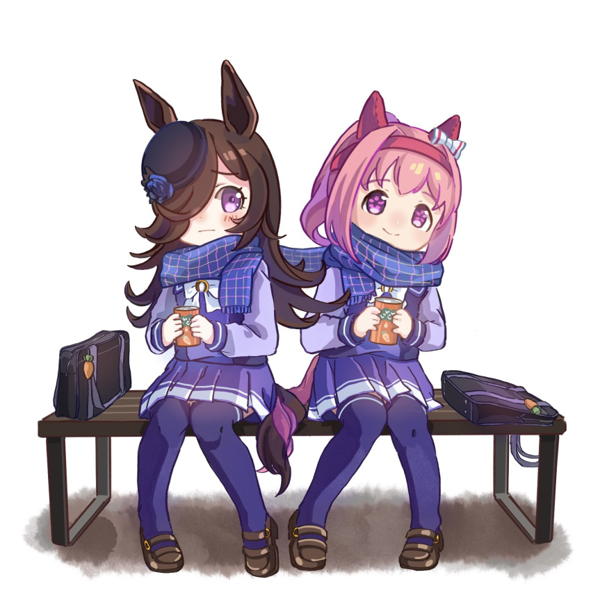 2girls, animal_ears, bag, bench, blue_hat, blue_scarf, blush, bow