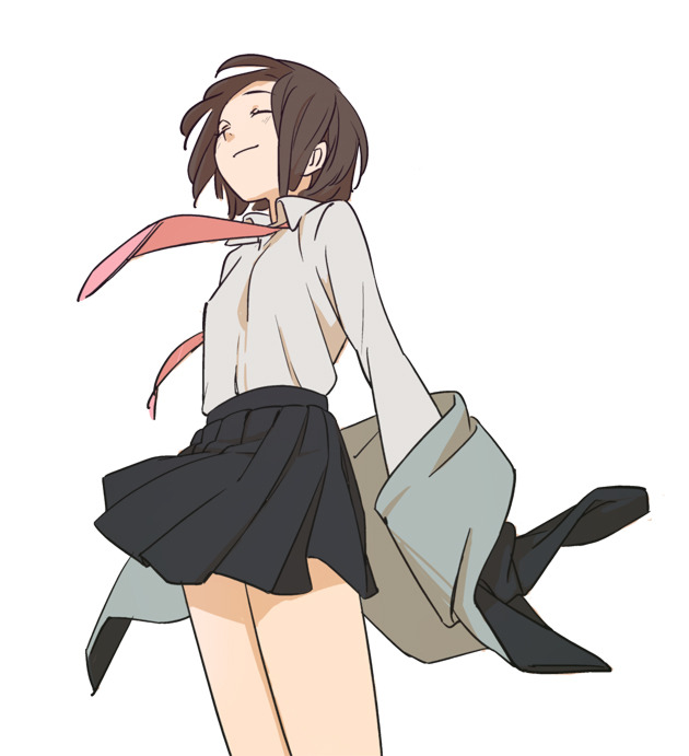 1girl, black_jacket, black_skirt, brown_hair, closed_eyes, jacket, midori_(ike), necktie
