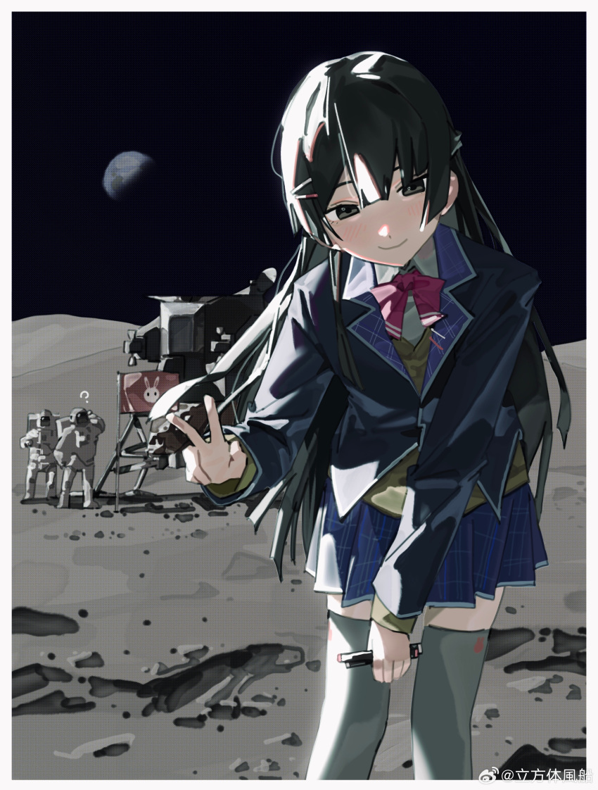 1girl, 2boys, ?, absurdres, astronaut, black_hair, black_jacket, black_sky