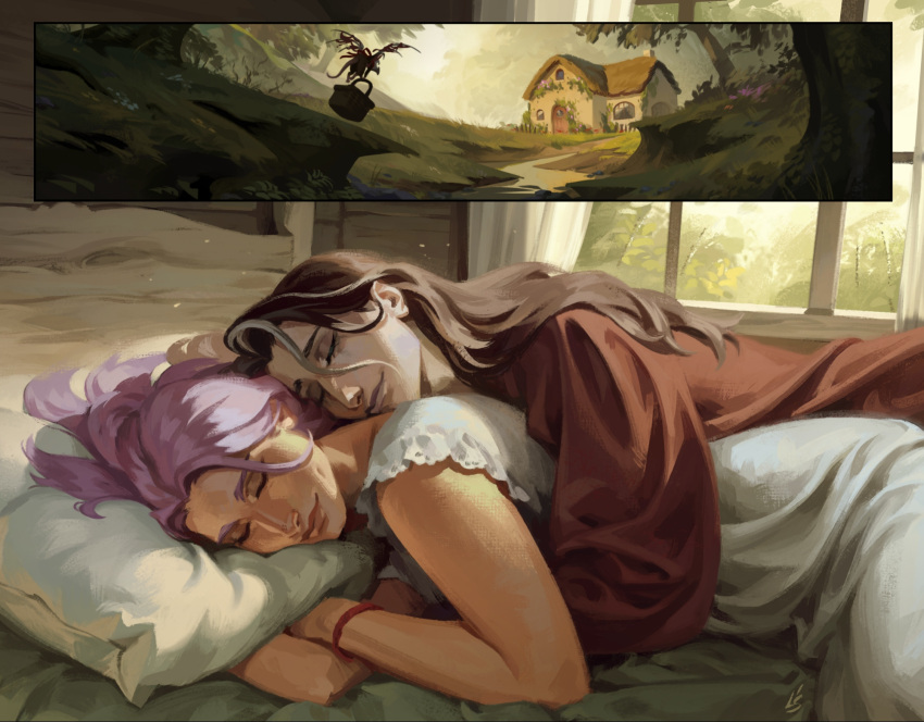 2girls, bedroom, brown_hair, brown_shirt, closed_eyes, closed_mouth, commentary, couple