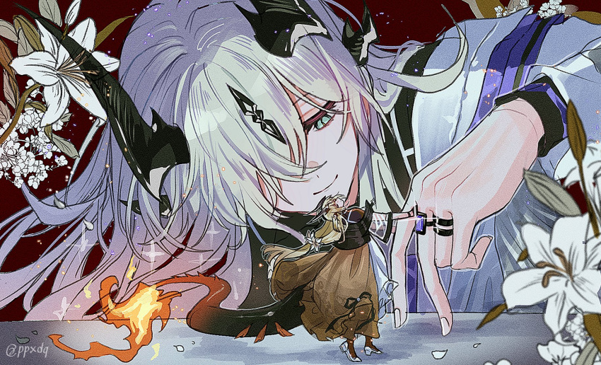 2girls, adversarial_noise, arknights, blonde_hair, brown_background, brown_skirt, commentary, dragon_girl