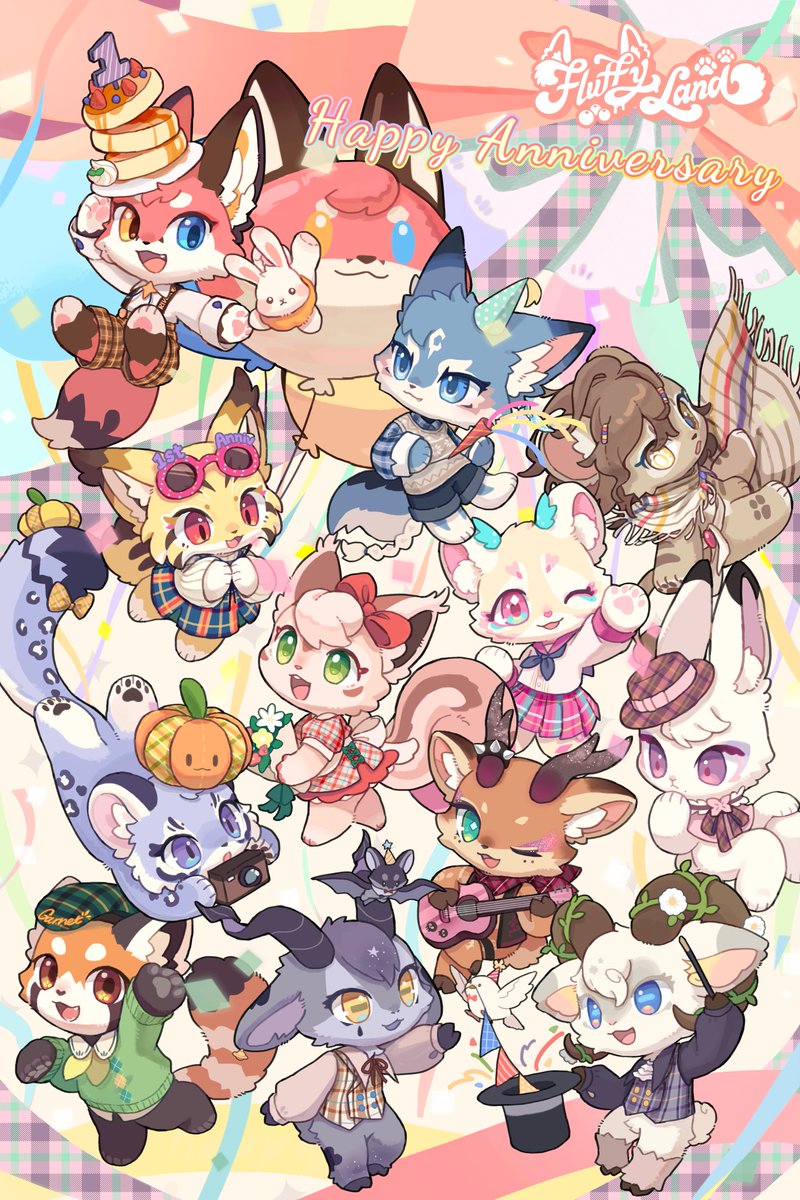 3girls, 6+boys, anael_(fluffy_land), androgynous, animal_ears, animal_feet, animal_hands, anniversary