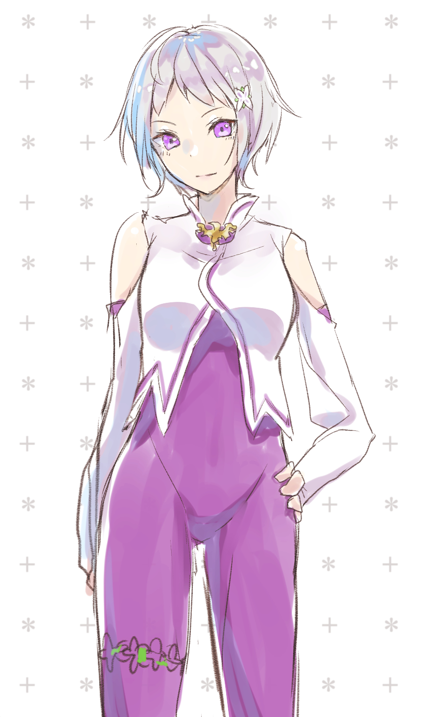 bare_shoulders, bodysuit, cowboy_shot, elf, fortuna_(re:zero), hair_ornament, hairclip, hand_on_own_hip, highres, pointy_ears, purple_bodysuit, re:zero_kara_hajimeru_isekai_seikatsu, short_hair, simple_background, smile, standing, violet_eyes, white_hair