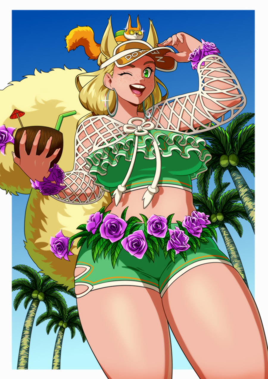 1girl, animal_ears, animal_on_head, bikini, bikini_shorts, blonde_hair, breasts, brown_tail