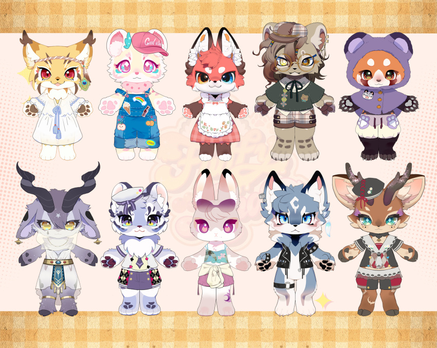 2girls, 6+boys, alternate_costume, anael_(fluffy_land), androgynous, animal_ear_fluff, animal_ears, animal_feet
