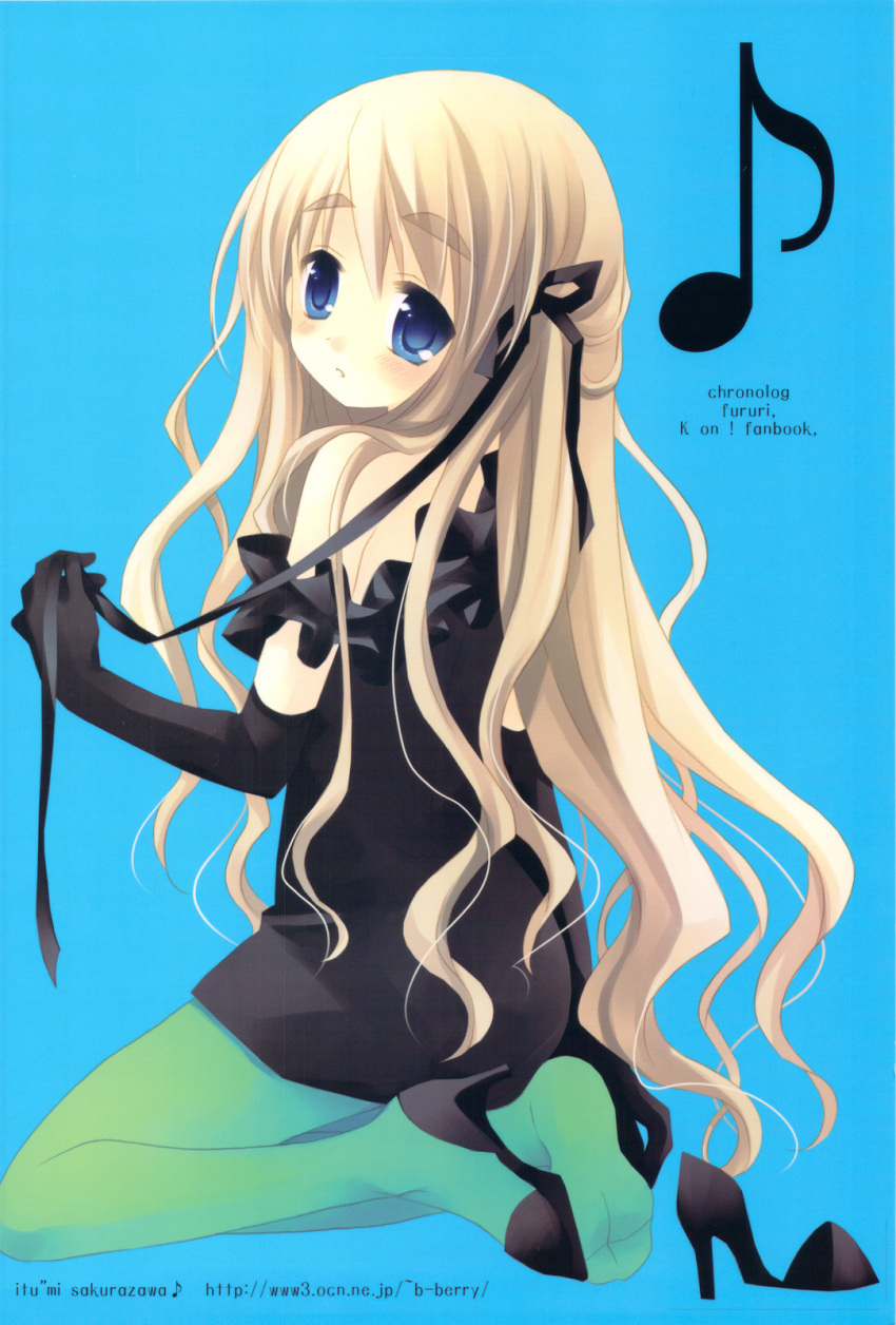 bare_shoulders, blonde_hair, blue_eyes, don't_say_"lazy", elbow_gloves, eyebrows, gloves, green_legwear