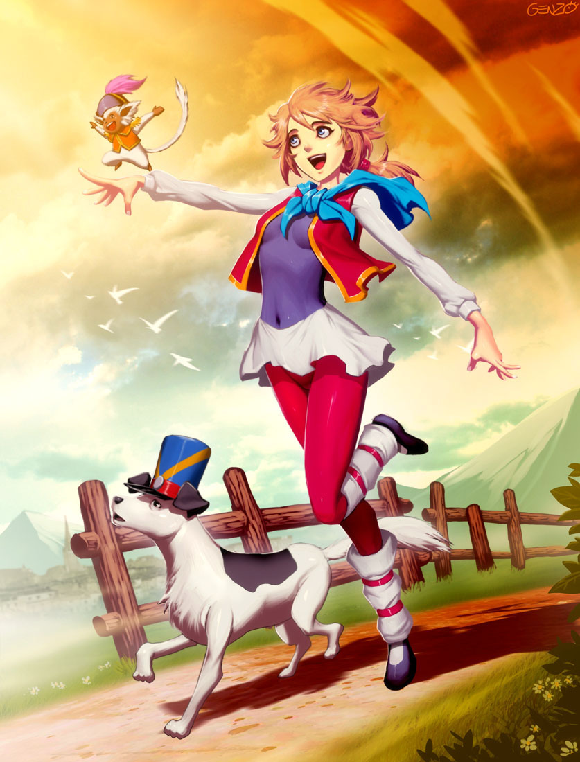 commentary, dog, fence, genzoman, ie_naki_ko_remi, miniskirt, monkey, mountain, pantyhose, pink_hair, red_legwear, remi_(ie_naki_ko_remi), short_hair, skirt, vest, world_masterpiece_theater