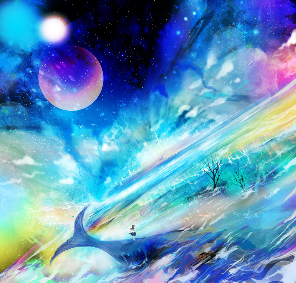 dutch_angle, fish, kazaana, moon, ocean, psychedelic, scenery, sky