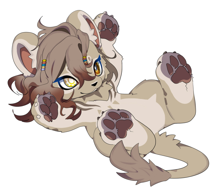 1boy, :3, androgynous, animal_ears, animal_feet, animal_hands, august_(fluffy_land), beads, bishounen, brown_fur, brown_hair, chibi, chibi_only, chibikemo, claws, commentary, digitigrade, english_commentary, fluffy_land, furry, furry_male, gradient_hair, hair_beads, hair_ornament, kikugawa_ru, lion_boy, lion_ears, lion_tail, long_hair, lying, male_focus, mismatched_pupils, multicolored_hair, official_art, on_back, pawpads, second-party_source, simple_background, solo, tail, wavy_hair, white_background, yellow_eyes